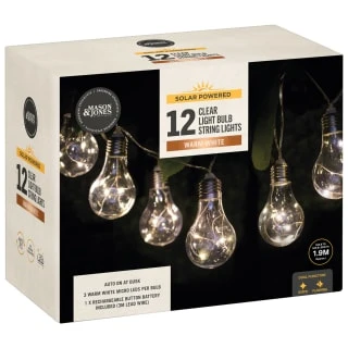 Solar Powered 12 Clear Light Bulb String LED Lights - Warm White - Image 2