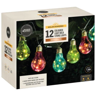 Solar Powered 12 Coloured Light Bulb String LED Lights - Warm White - Image 2