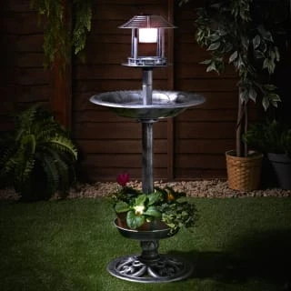 4-in-1 Bird Bath With Planter & Solar Light - Pewter